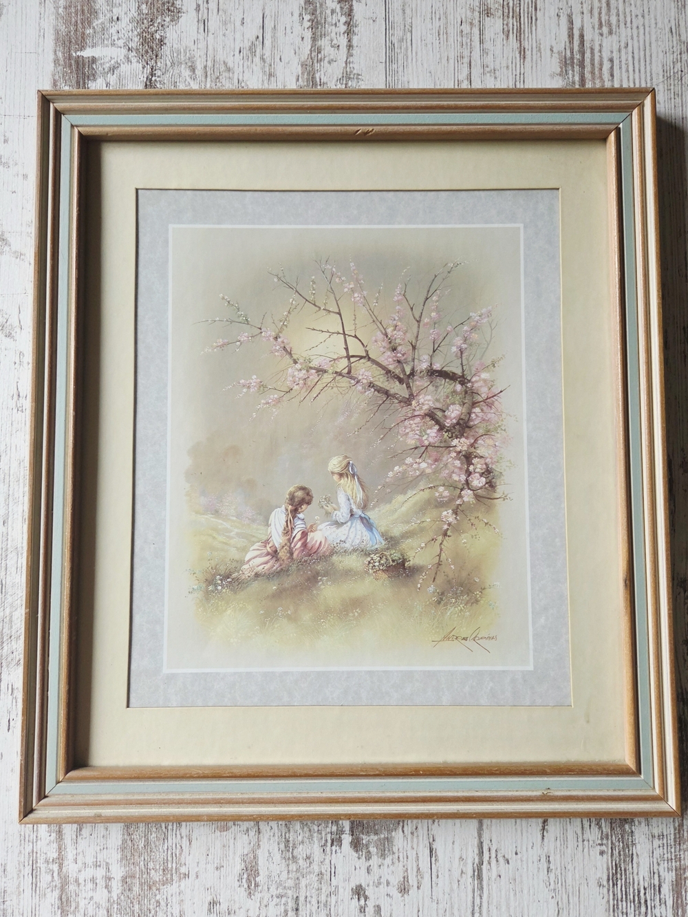 Vintage Andres Orpinas Little Girl B Wood Framed Art Print 15.5"x13.5"